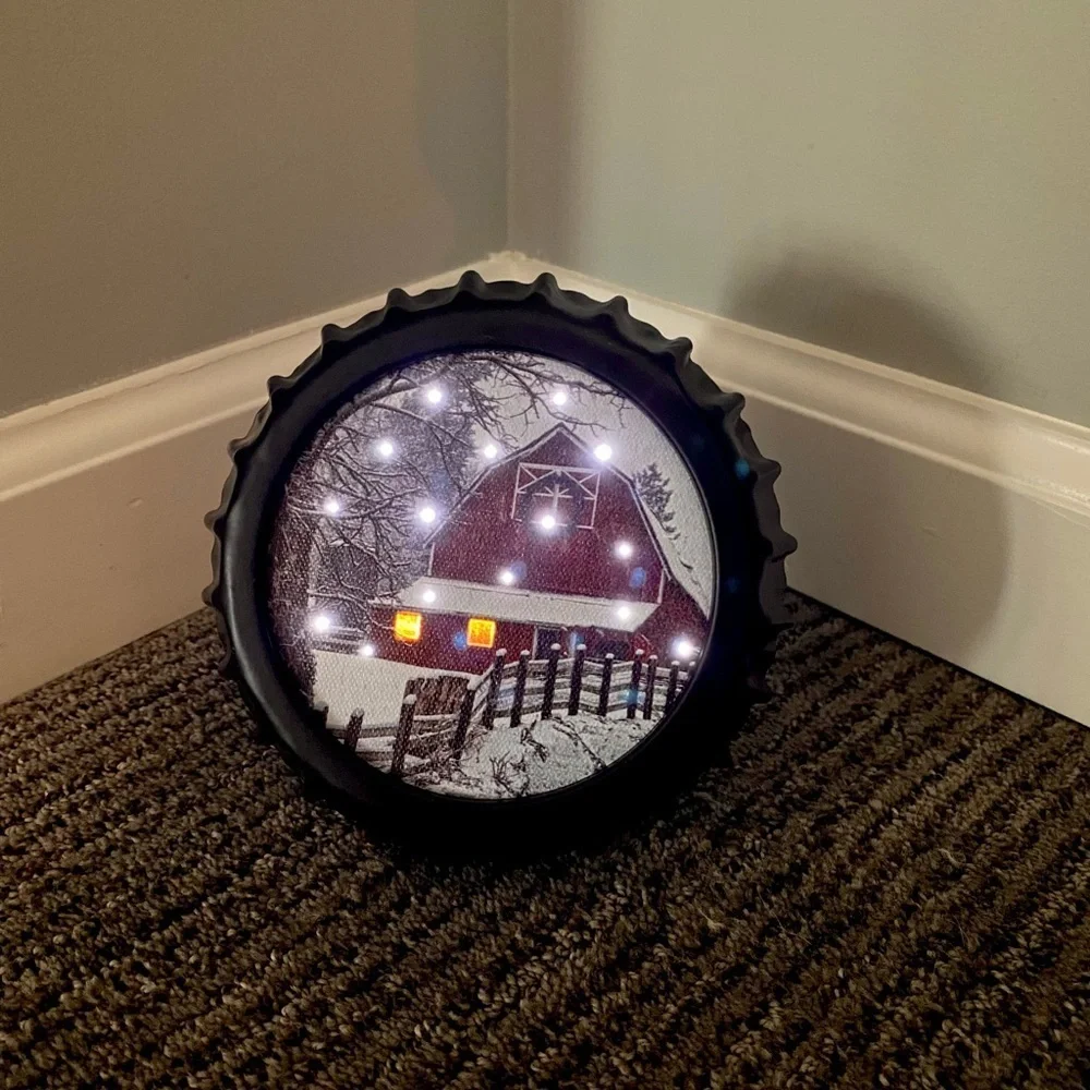 Christmas Barn Snow Winter Bottle Cap Art Decor Auto Timer Lights Gift